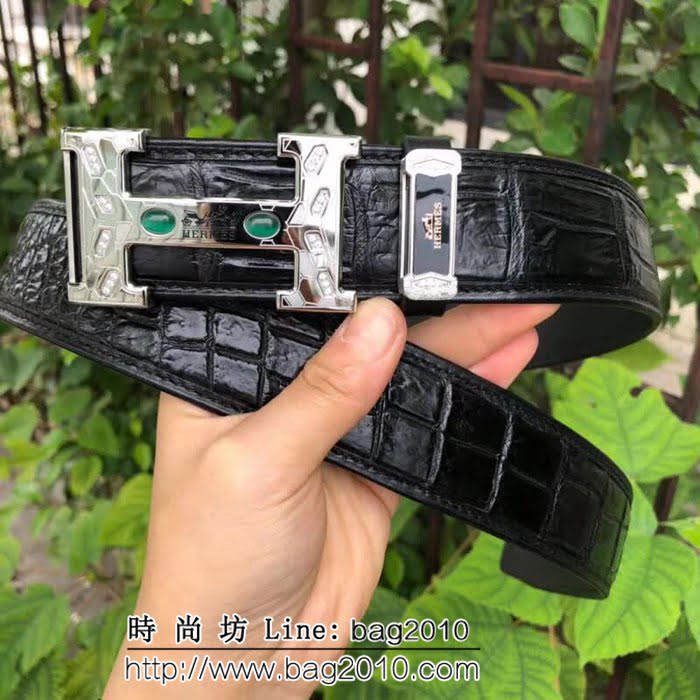 愛馬仕HERMES 純手工無拼接美洲鱷魚肚皮 奢華鑲鑽貓眼石鋼扣高端男士皮帶 HHG1522